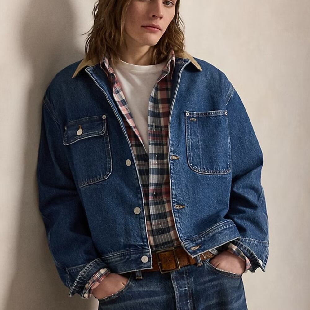 VINTAGE 90s Polo Ralph Lauren M Denim Corduroy Barn Trucker Coat Jean Jacket